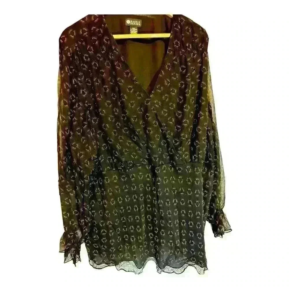 Maggie Barnes blouse Black golden Printed V-Neck sheer long sleeves sleeves